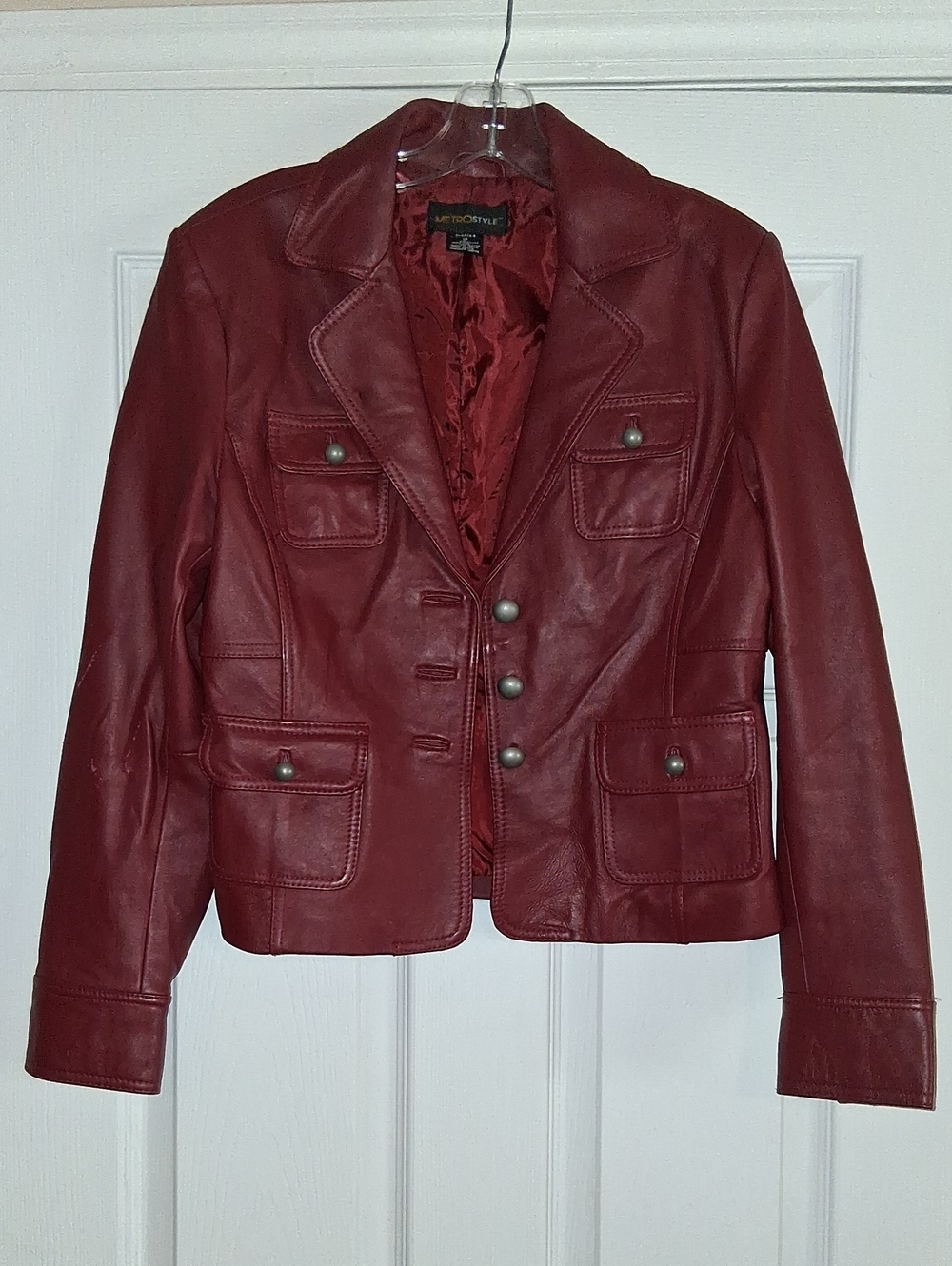 Metrostyle Women's Burgundy Leather Button-Front Jacket